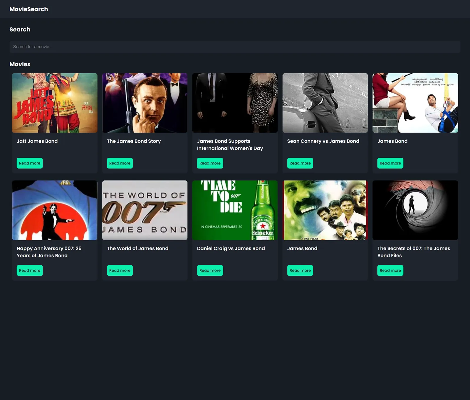 Søkeresultater i filmapplikasjonen MovieSearch